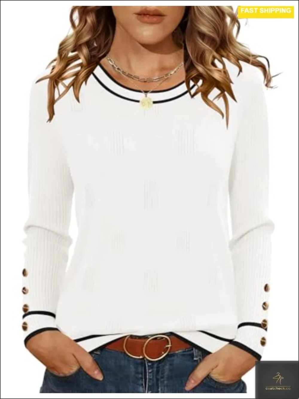 Long Sleeve Crew Neck Lightweight Knit Pullover with Decorative Buttons